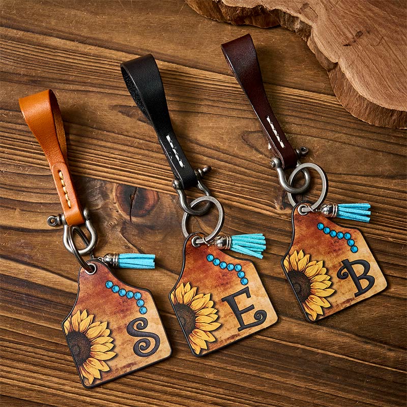 Western Sunflowers Letter Print Pendant Horseshoe Buckle Keychain - image 0