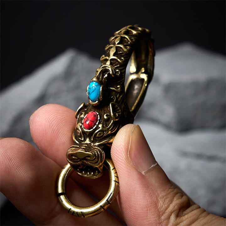 Intricate Dragon Head Snap Hook Brass Keychain - image 1
