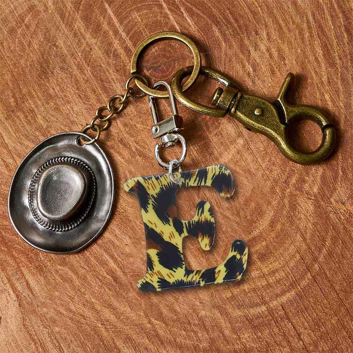Leopard Print Letter & Cowboy Hat Pendant Keychain - Brass Keychain + Silver Hat - E - image 12