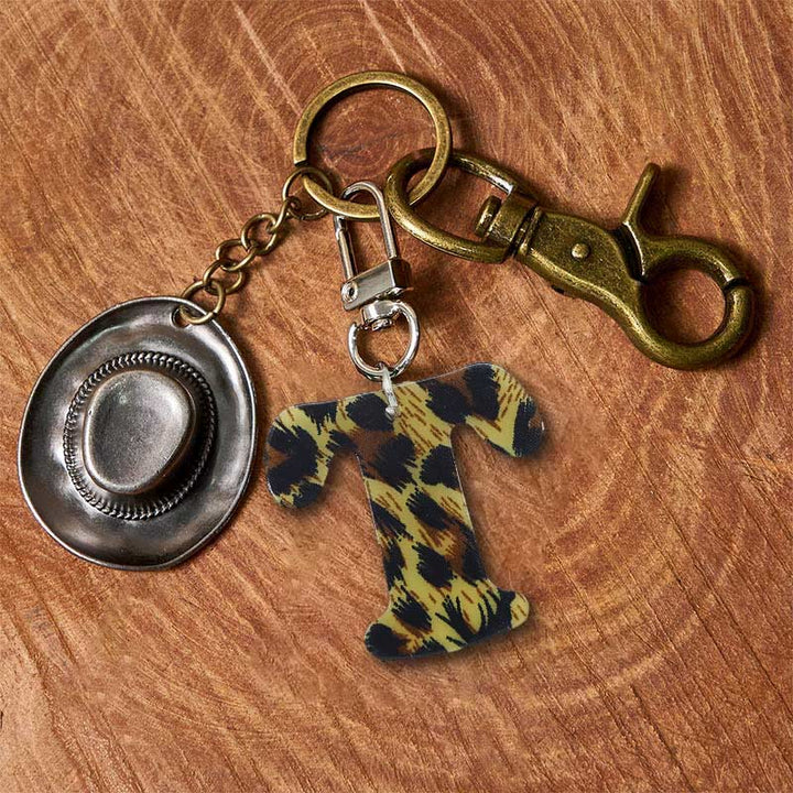 Leopard Print Letter & Cowboy Hat Pendant Keychain - Brass Keychain + Silver Hat - T - image 27