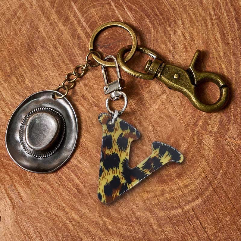 Leopard Print Letter & Cowboy Hat Pendant Keychain - Brass Keychain + Silver Hat - V - image 29