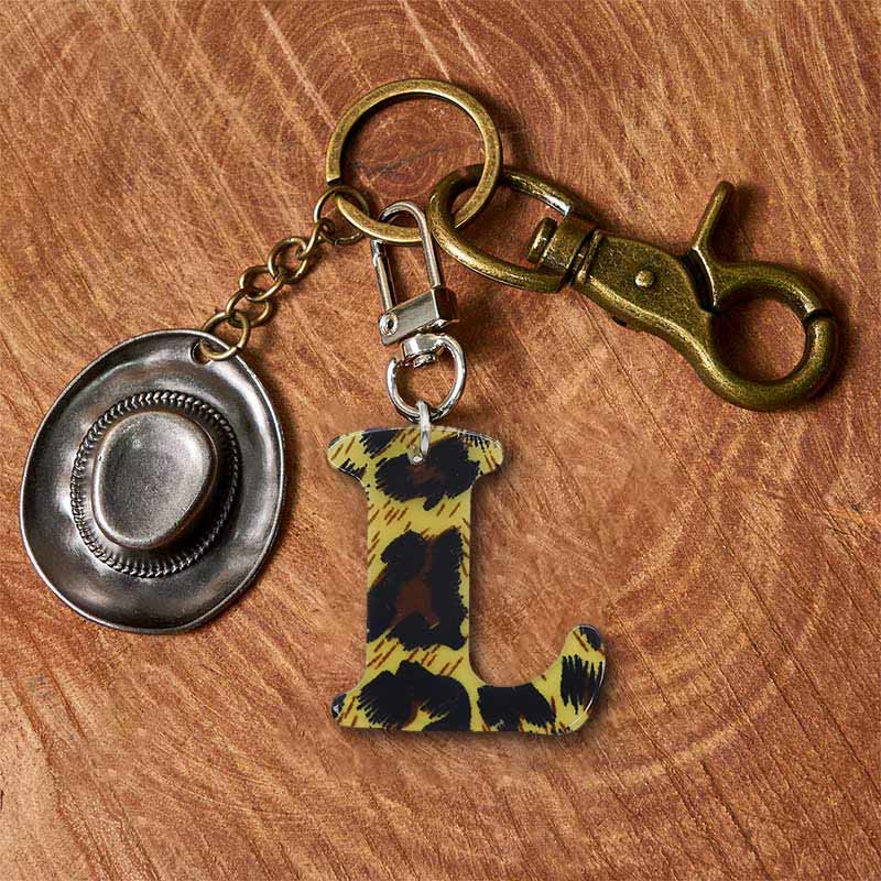 Leopard Print Letter & Cowboy Hat Pendant Keychain - Brass Keychain + Silver Hat - L - image 19