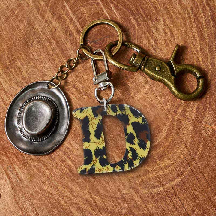 Leopard Print Letter & Cowboy Hat Pendant Keychain - Brass Keychain + Silver Hat - D - image 11