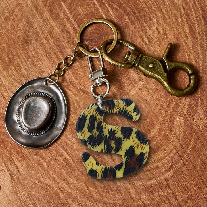 Leopard Print Letter & Cowboy Hat Pendant Keychain - Brass Keychain + Silver Hat - S - image 26