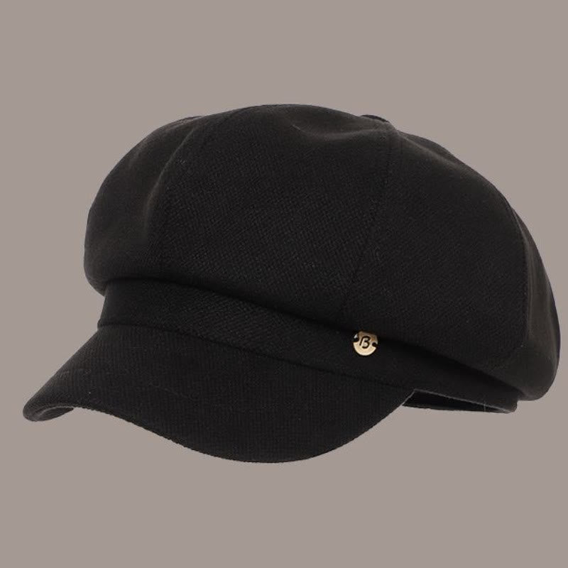 Retro Winter Solid Color Women's Beret With Round Logo - Black - Adjustable (About 21 5/8"-23 5/8") - image 2
