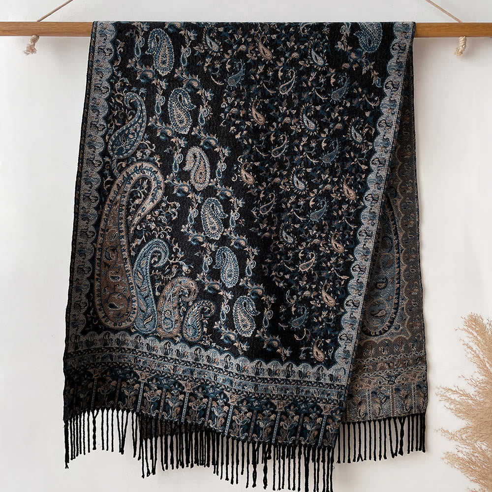 Retro Bohemian Style Cashew Print Shawl Scarf For Warmth - Black - image 3