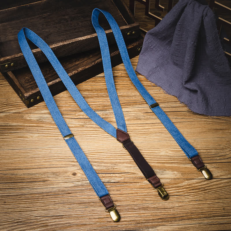 Retro Solid Blue Denim Y-back Elastic Suspenders - Blue - image 0