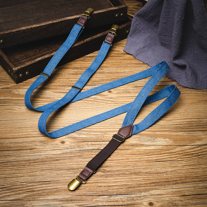 Retro Solid Blue Denim Y-back Elastic Suspenders - image 1