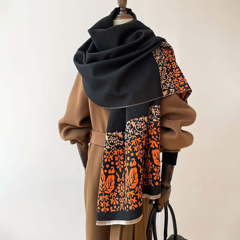Patchwork-Style Flower Leaves Pattern Warm Scarf - Black - image 7