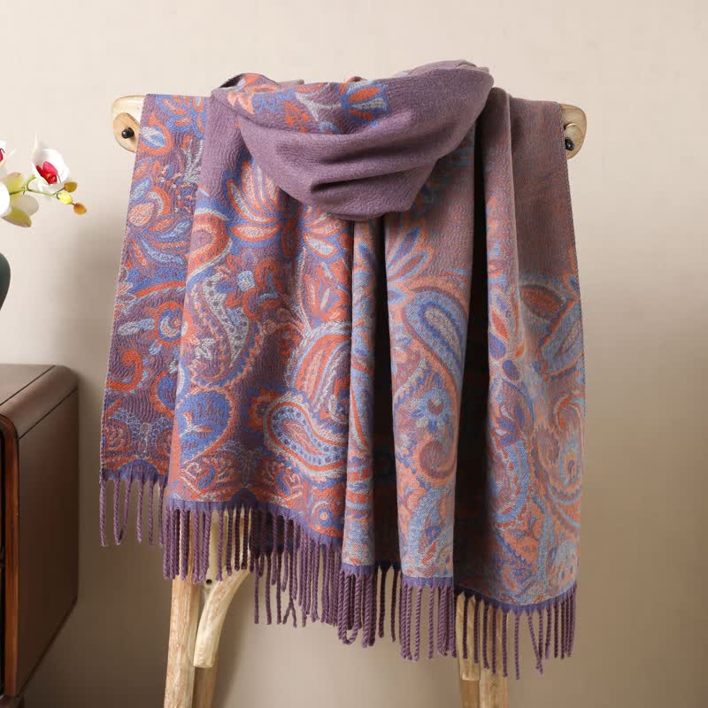 Boho-Chic Aesthetics Paisley Jacquard Tassels Scarf - Purple - image 8