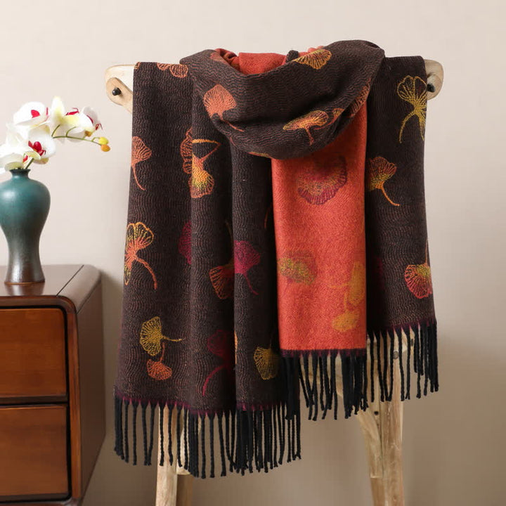 Ginkgo Leaf Pattern Double-Sided Scarf With Tassels - Black - image 0