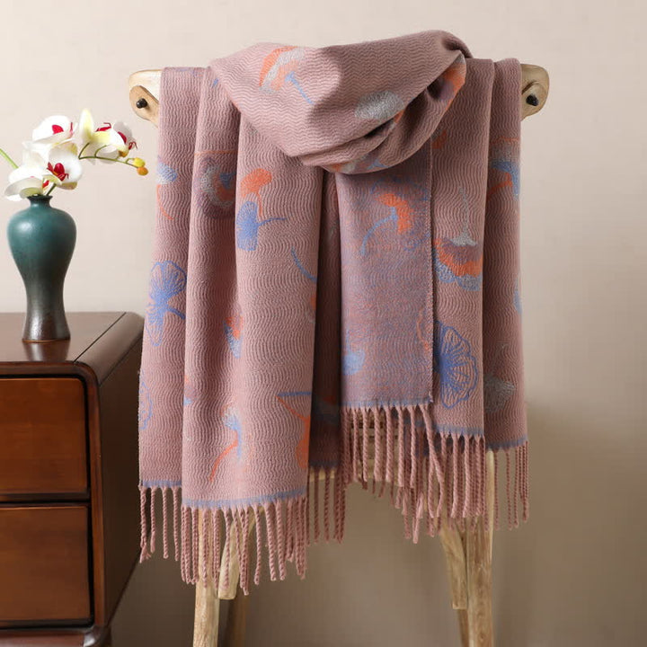 Ginkgo Leaf Pattern Double-Sided Scarf With Tassels - Rosy Brown - image 3