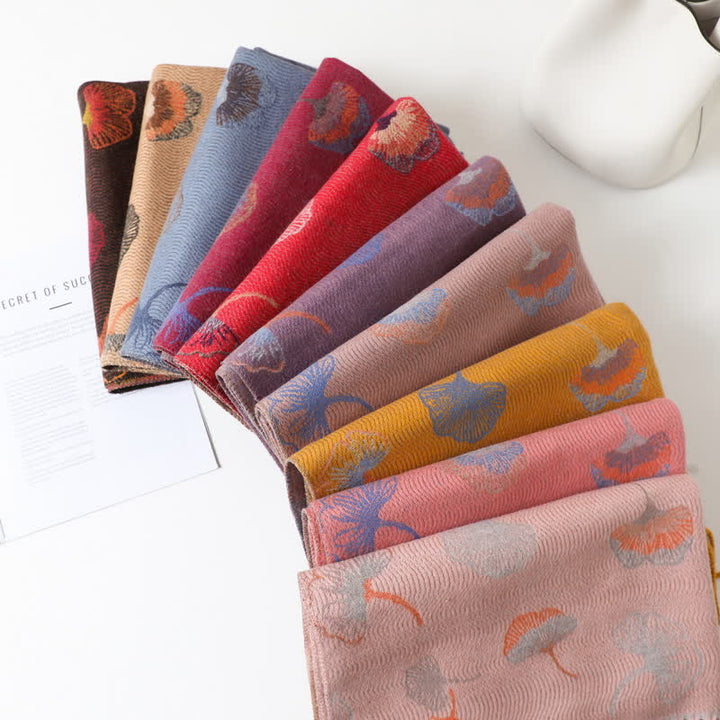 Ginkgo Leaf Pattern Double-Sided Scarf With Tassels - image 1