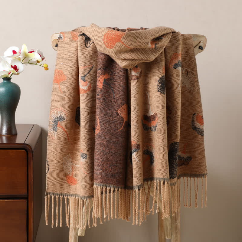 Ginkgo Leaf Pattern Double-Sided Scarf With Tassels - Camel - image 7