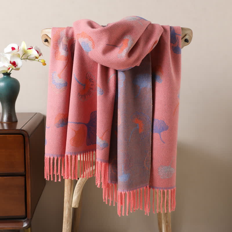Ginkgo Leaf Pattern Double-Sided Scarf With Tassels - Light Coral - image 2