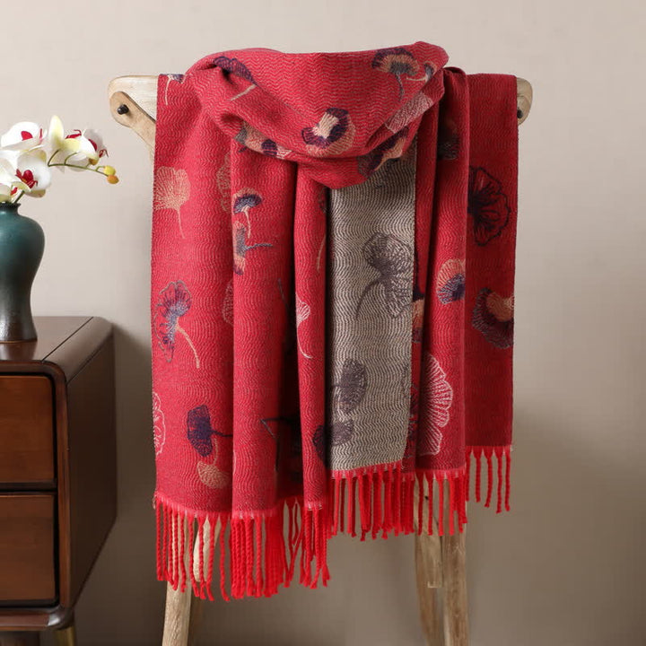 Ginkgo Leaf Pattern Double-Sided Scarf With Tassels - Red - image 8