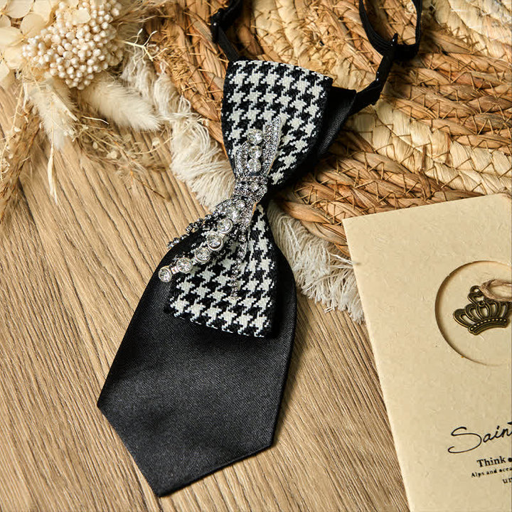 Black Houndstooth Rhinestone Bow Shape Creative Necktie - image 5