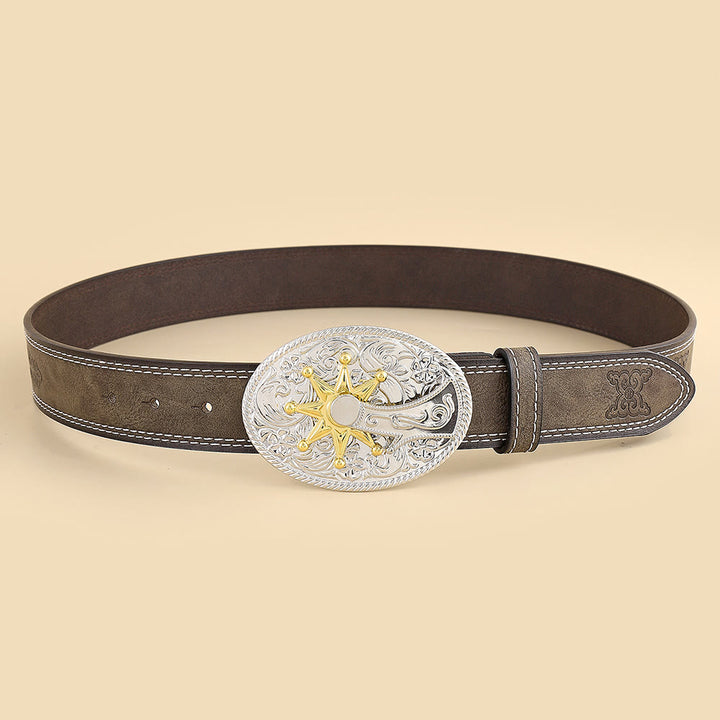 Men's Western Cowboy Silver Carved Buckle Belt - Brown - 42 - image 0