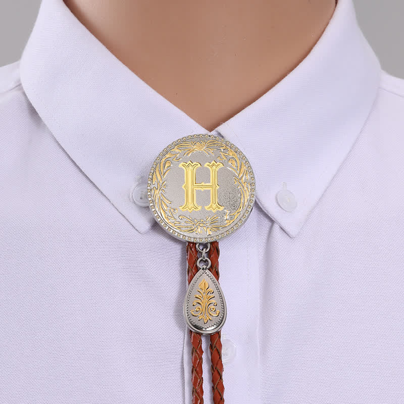 Initial Letter Brown Leather Bolo Tie With Teardrop-Shaped Pendant - Gold - H - image 10