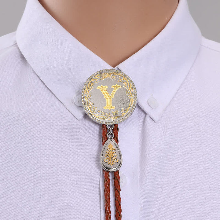 Initial Letter Brown Leather Bolo Tie With Teardrop-Shaped Pendant - Gold - Y - image 27