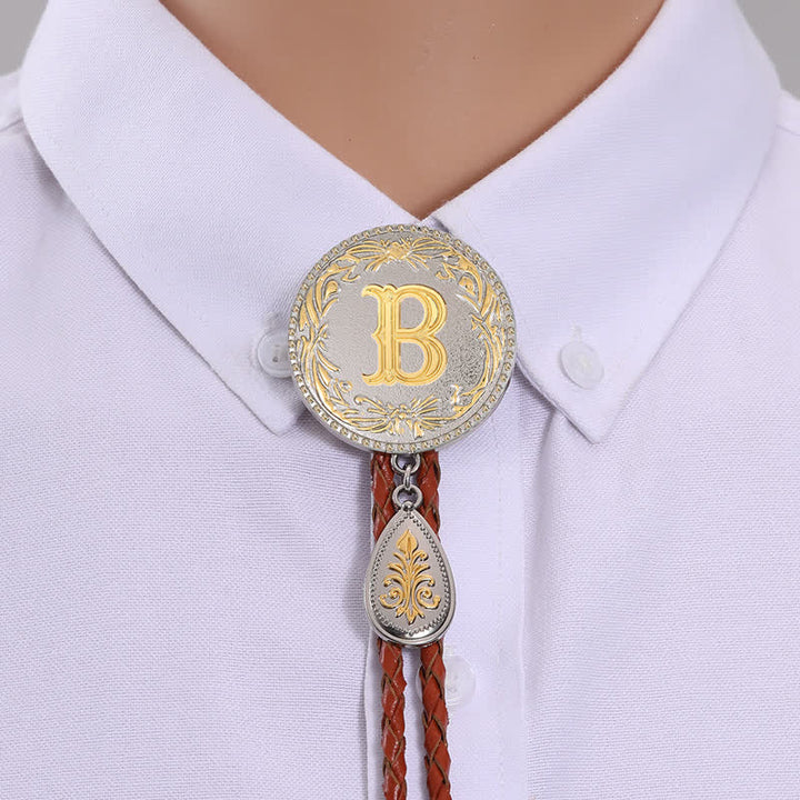 Initial Letter Brown Leather Bolo Tie With Teardrop-Shaped Pendant - Gold - B - image 5