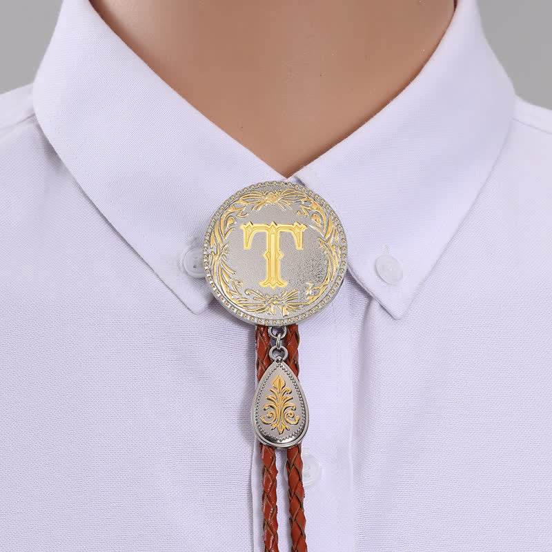 Initial Letter Brown Leather Bolo Tie With Teardrop-Shaped Pendant - Gold - T - image 22