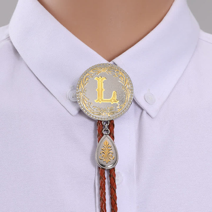 Initial Letter Brown Leather Bolo Tie With Teardrop-Shaped Pendant - Gold - L - image 14