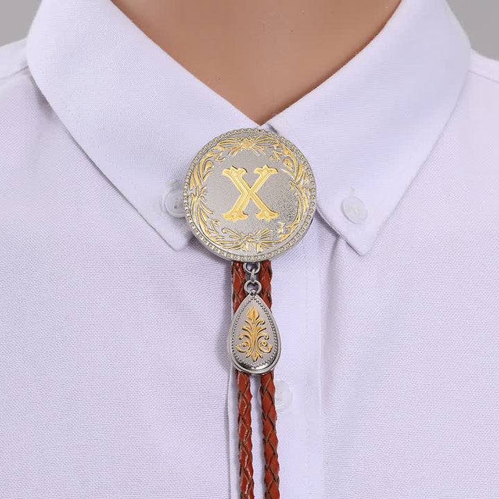 Initial Letter Brown Leather Bolo Tie With Teardrop-Shaped Pendant - Gold - X - image 26