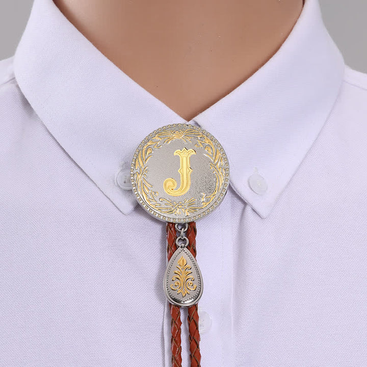 Initial Letter Brown Leather Bolo Tie With Teardrop-Shaped Pendant - Gold - J - image 12