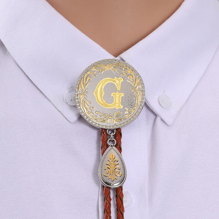 Initial Letter Brown Leather Bolo Tie With Teardrop-Shaped Pendant - Gold - G - image 9