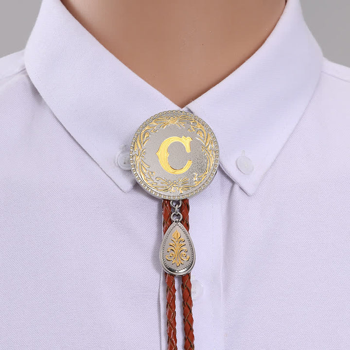 Initial Letter Brown Leather Bolo Tie With Teardrop-Shaped Pendant - Gold - C - image 6