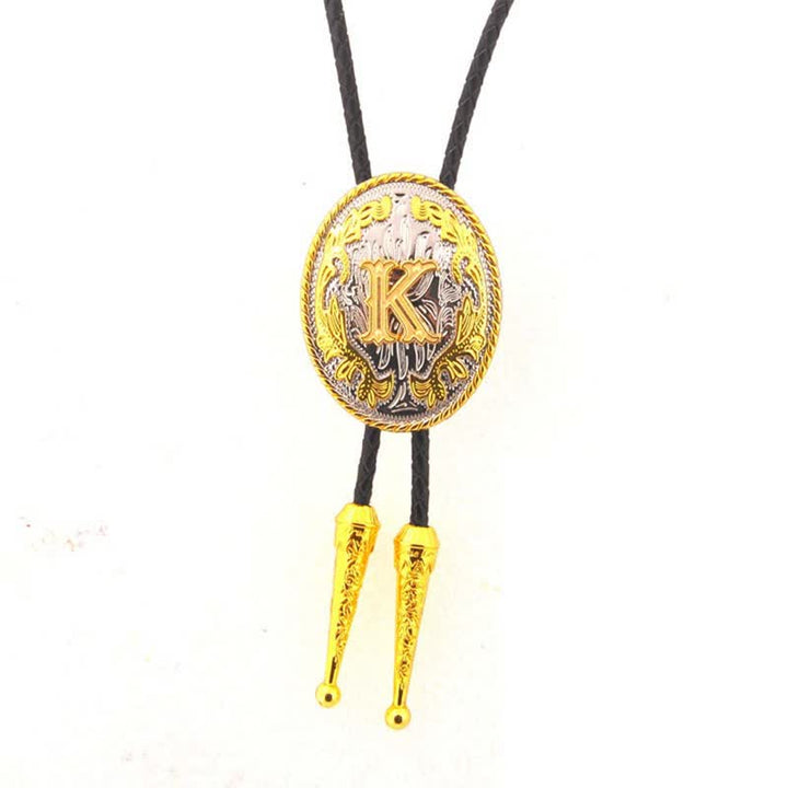 Gold & Silver Two-Tone Oval Initial Letter Leather Bolo Tie - Gold - K - image 12