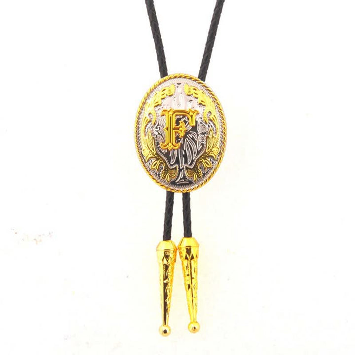 Gold & Silver Two-Tone Oval Initial Letter Leather Bolo Tie - Gold - F - image 7