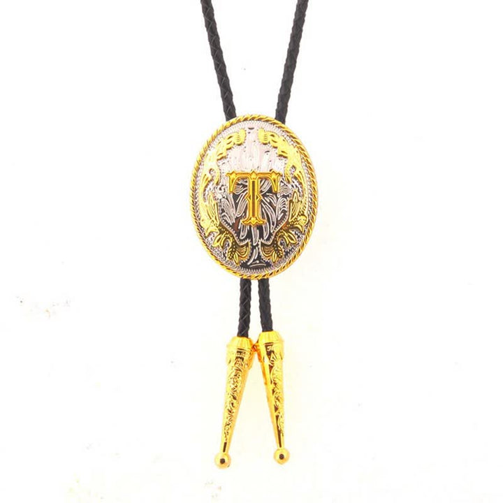 Gold & Silver Two-Tone Oval Initial Letter Leather Bolo Tie - Gold - T - image 20