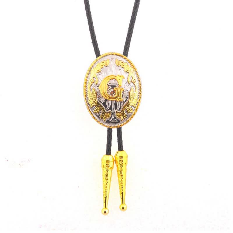Gold & Silver Two-Tone Oval Initial Letter Leather Bolo Tie - Gold - G - image 8