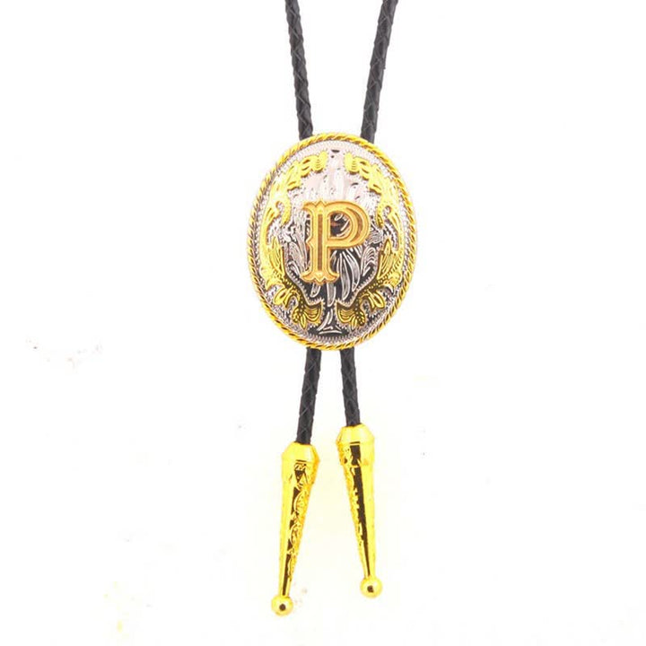 Gold & Silver Two-Tone Oval Initial Letter Leather Bolo Tie - Gold - P - image 16
