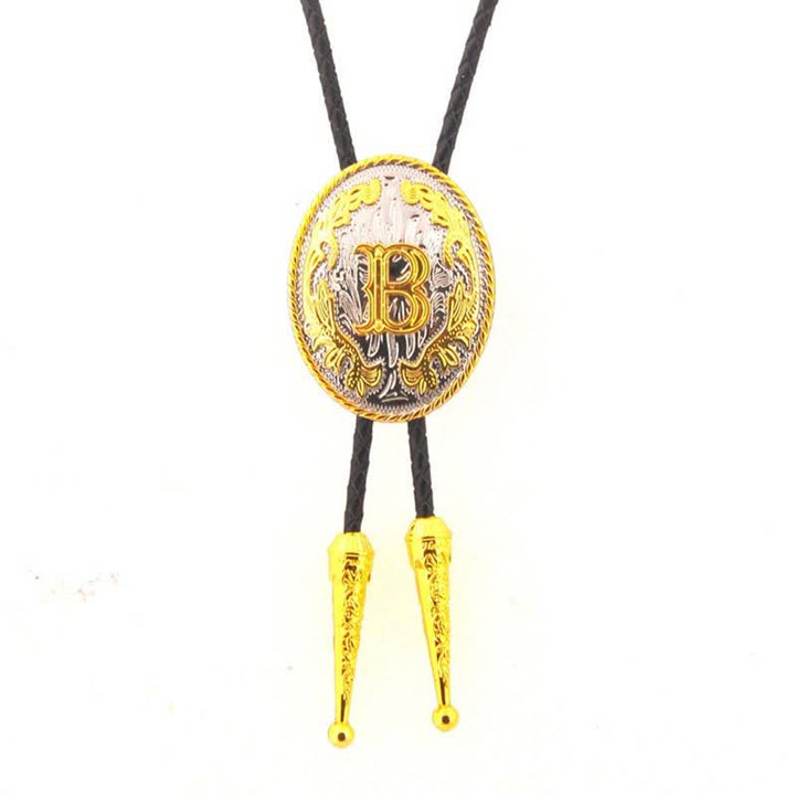 Gold & Silver Two-Tone Oval Initial Letter Leather Bolo Tie - Gold - B - image 0
