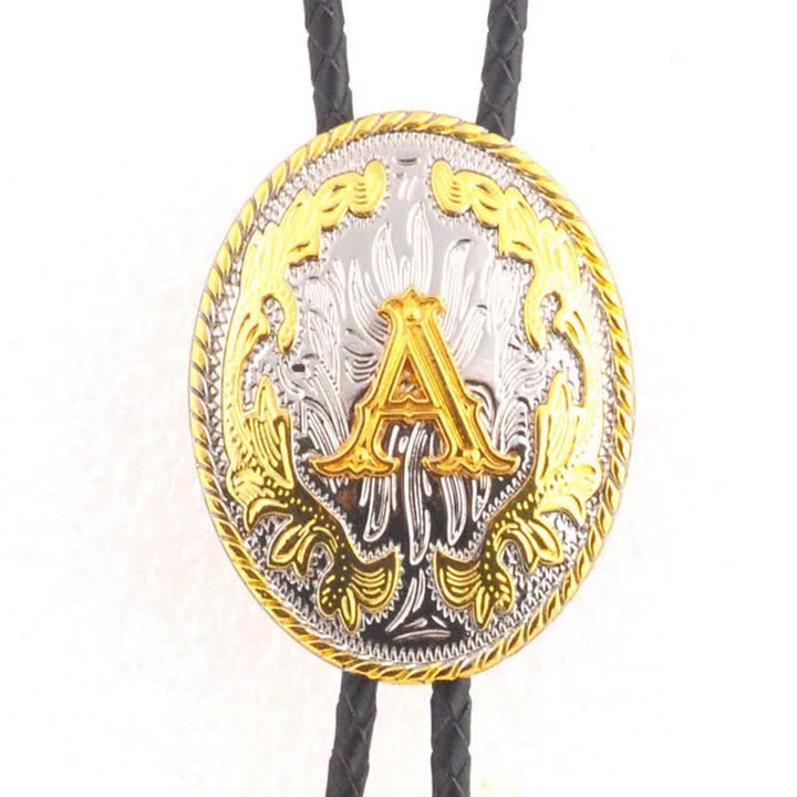 Gold & Silver Two-Tone Oval Initial Letter Leather Bolo Tie - Gold - A - image 3