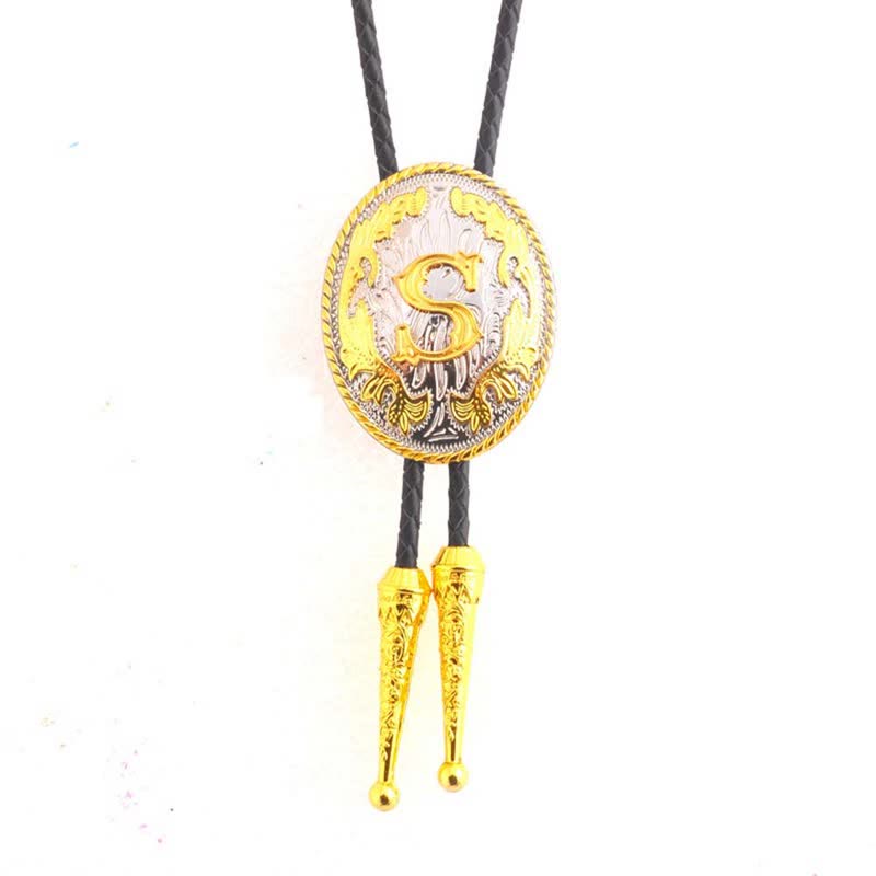 Gold & Silver Two-Tone Oval Initial Letter Leather Bolo Tie - Gold - S - image 19