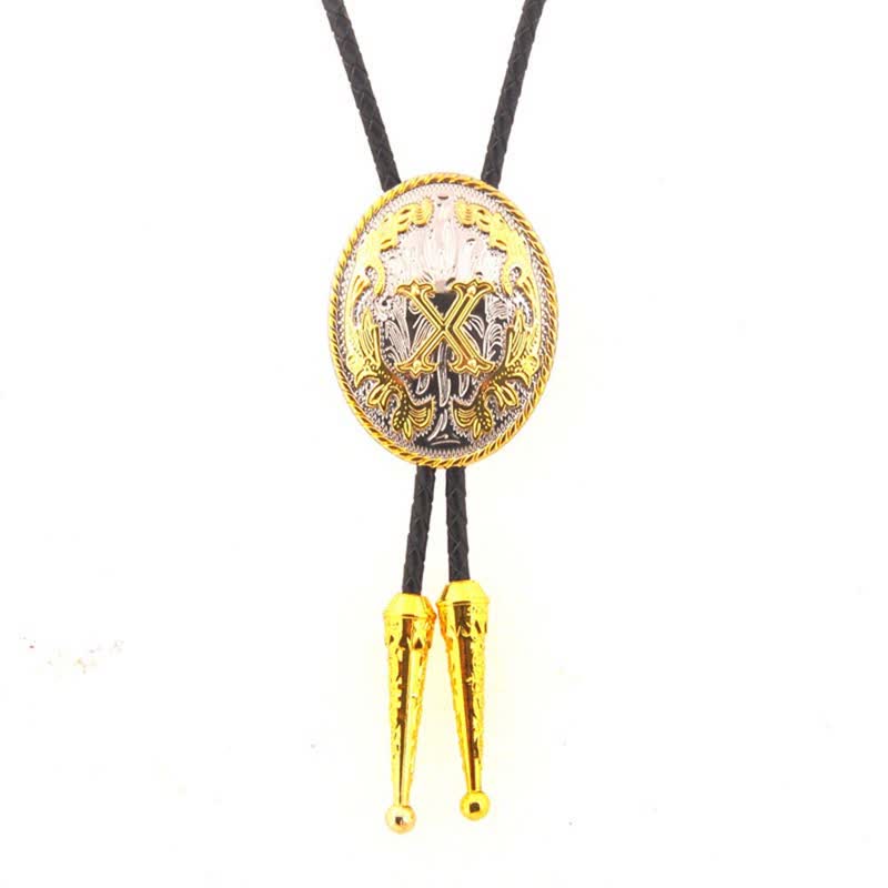 Gold & Silver Two-Tone Oval Initial Letter Leather Bolo Tie - Gold - X - image 24