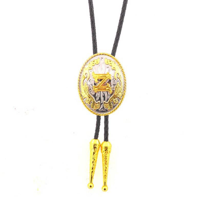 Gold & Silver Two-Tone Oval Initial Letter Leather Bolo Tie - Gold - Z - image 26