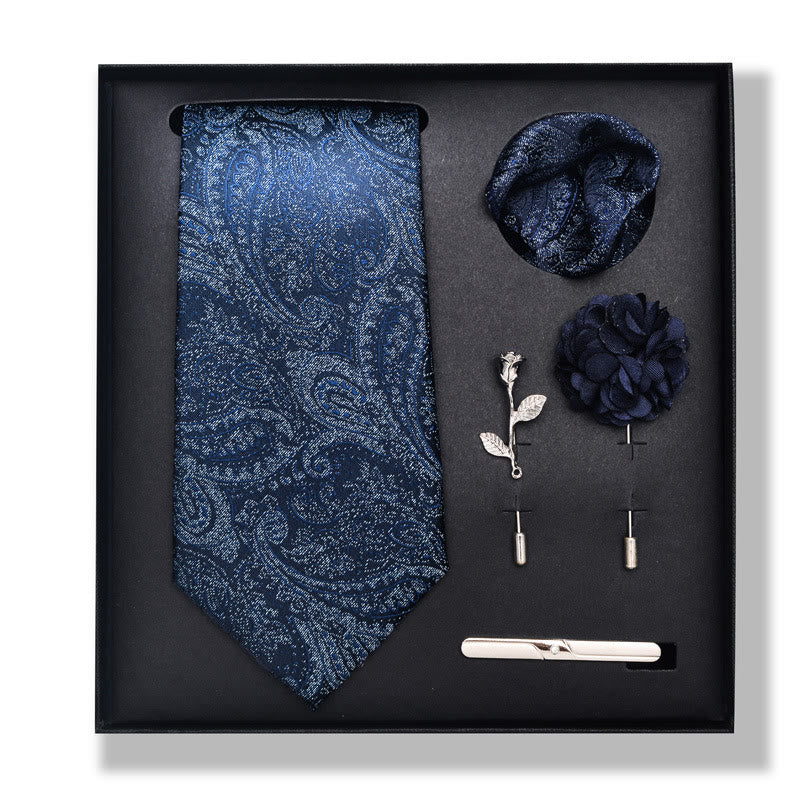 5Pcs Men's Elegant Pocket Square Brooch Corsage Necktie Set - Style #1 - image 0
