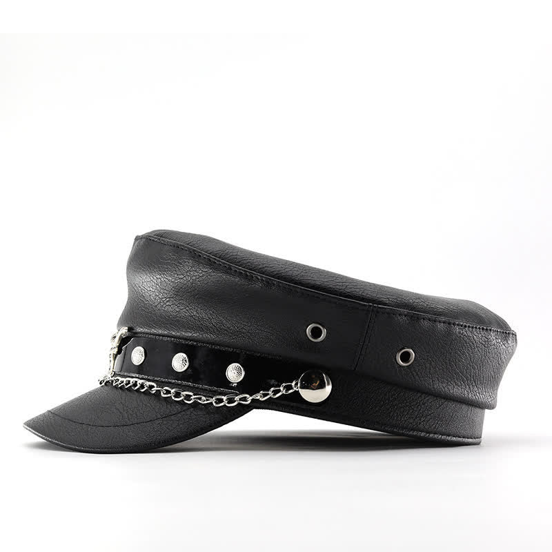 Longhorn Rivets Black Leather Beret Hat With Chain - image 7