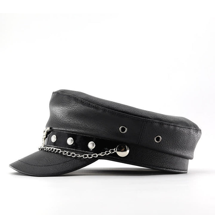 Longhorn Rivets Black Leather Beret Hat With Chain - image 7