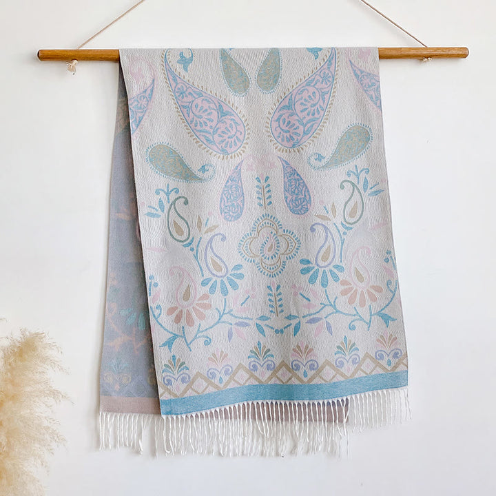 Women's Bohemian Style Printed Tassels Winter Warm Shawl Scarf - Light Blue - image 10