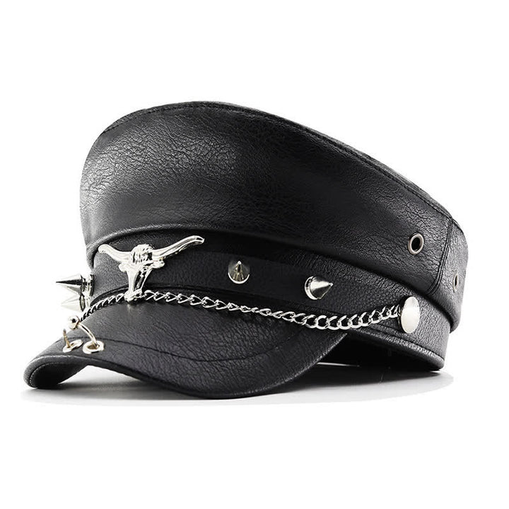 Longhorn Rivets Black Leather Beret Hat With Chain - Style #1 - M (22"-22 7/8") - image 0