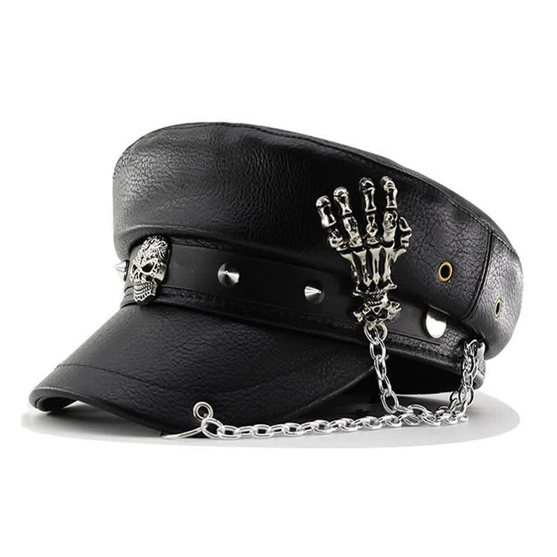 Punk Style Skull & Skeleton Hand Chain Leather Beret Hat - Black - M (22"-22 7/8") - image 0