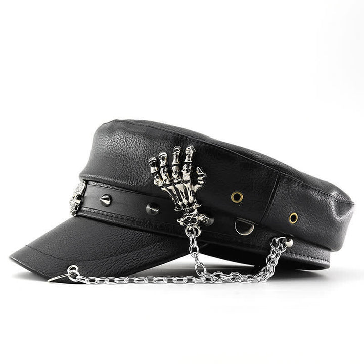 Punk Style Skull & Skeleton Hand Chain Leather Beret Hat - image 2