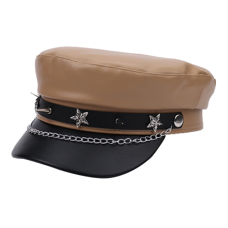 Two-Tone Star Studs Leather Beret Hat With Chain - Khaki - M (22"-22 7/8") - image 0