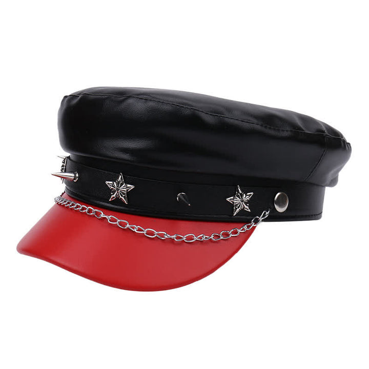 Two-Tone Star Studs Leather Beret Hat With Chain - Black - M (22"-22 7/8") - image 9